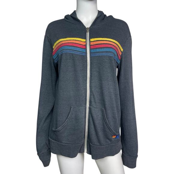 Aviator Nation Unisex M Charcoal Gray 5 Stripe Hoodie Zipped Jacket As Is - Picture 1 of 4